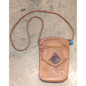 VTG Leather Crossbody Purse Rustic Western Handmade Bag Real Turquoise Accents